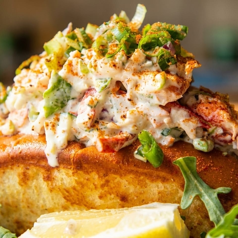 Close-up of a lobster roll on a toasted bun, garnished with greens, lemon, and spices.