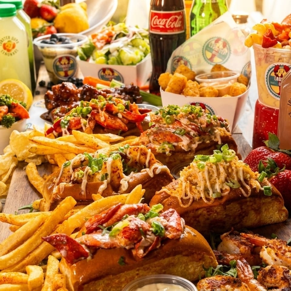 A wooden table laden with Lobster Guys lobster rolls, fries, shrimp, salads, drinks, and a cookie.