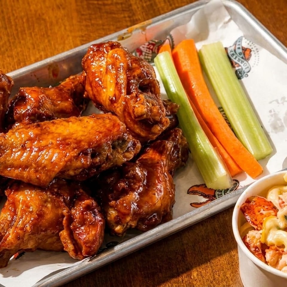 A tray of buffalo wings with celery and carrots, next to a cup of lobster mac and cheese.