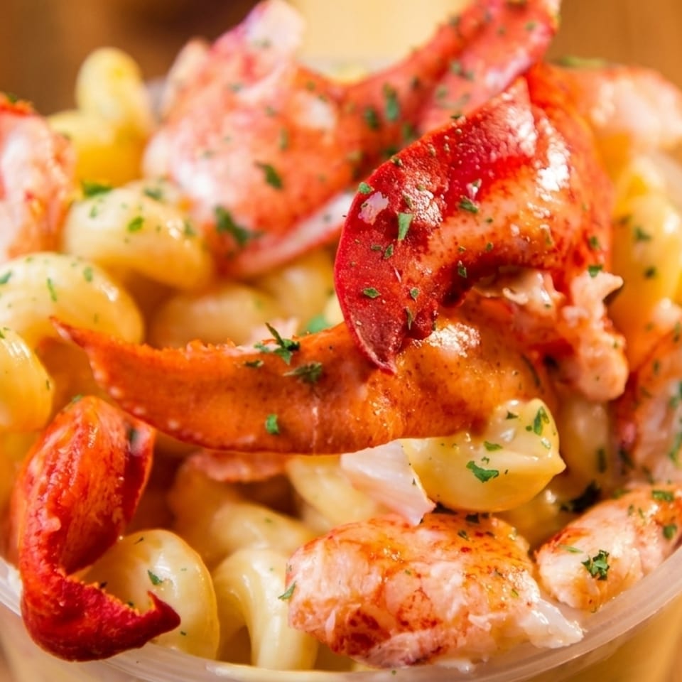 Close-up of creamy macaroni and cheese topped with large pieces of red lobster meat and parsley.