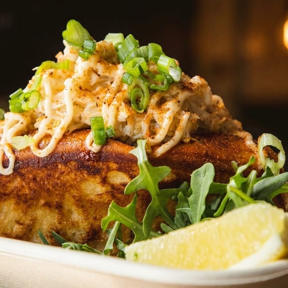 Close-up of a golden-brown lobster roll topped with crab meat, scallions, and a lemon wedge.
