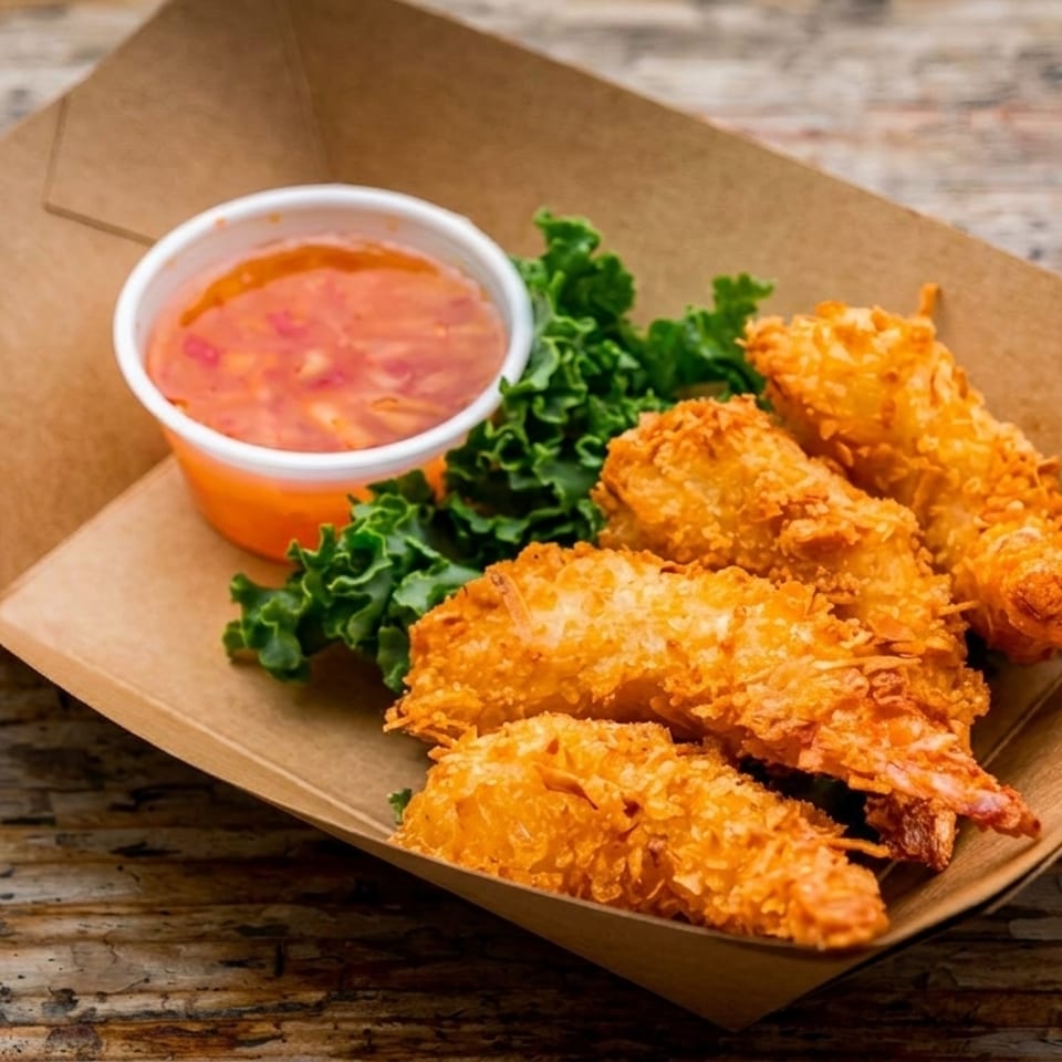 Crispy coconut shrimp with sweet chili dipping sauce and green garnish in a cardboard tray.