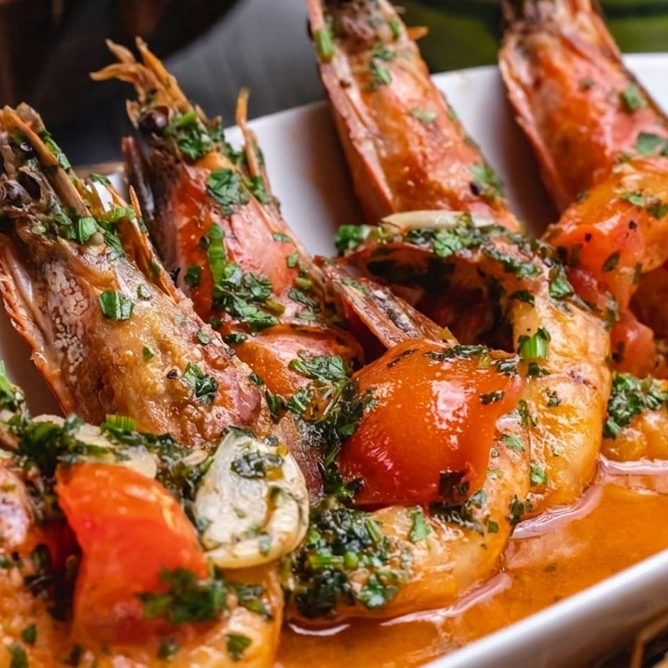 Close-up of grilled prawns with heads on, garnished with herbs, garlic, and tomatoes in a white dish.